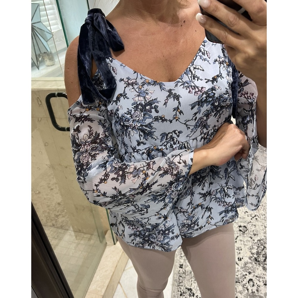 Loft Blue Floral Cold Shoulder Chiffon Blouse Velvet Straps Bell Sleeve S NWT